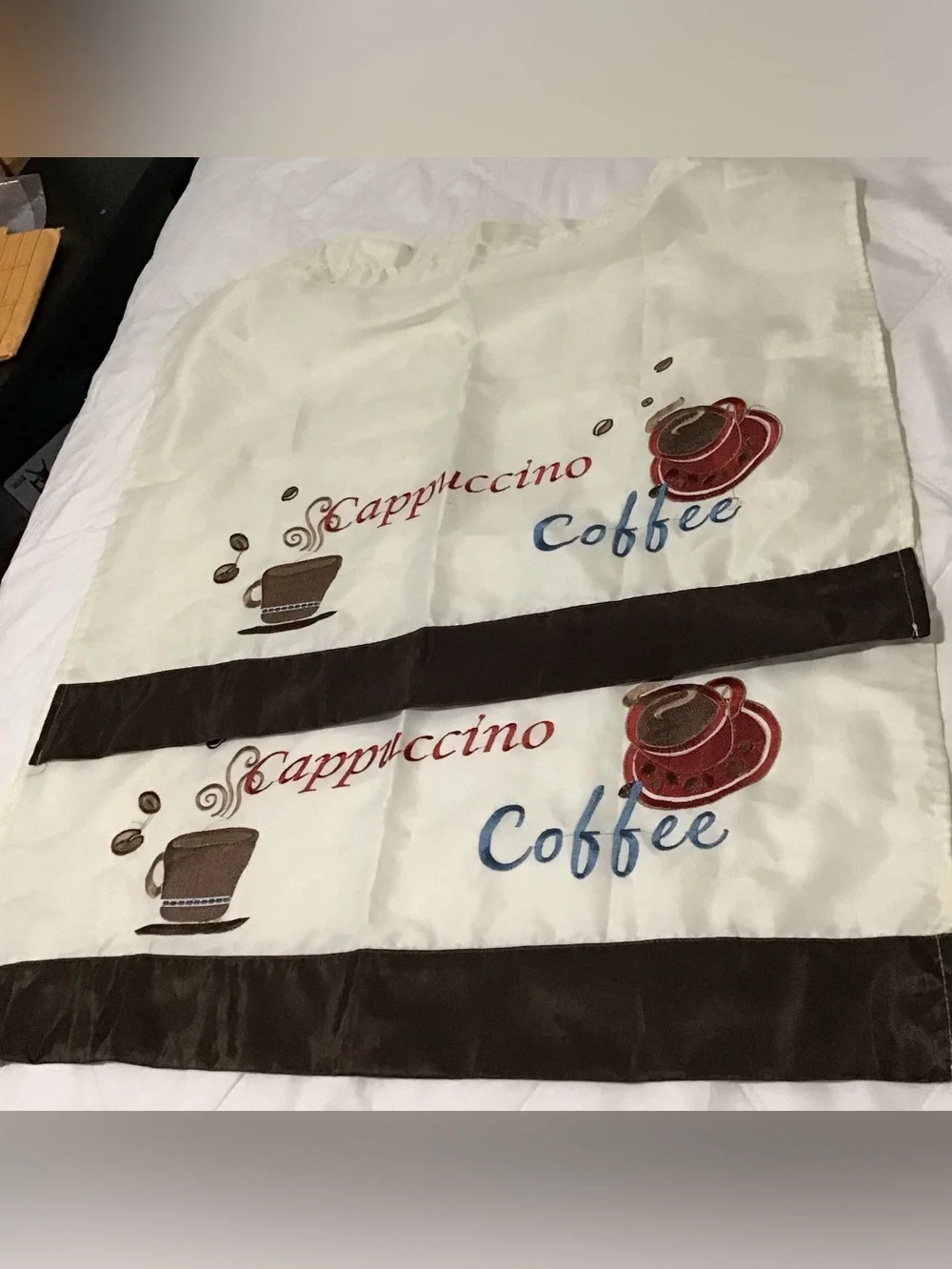 Cappuccino Coffee Kitchen Curtain Panel in White, Brown and Red two panels